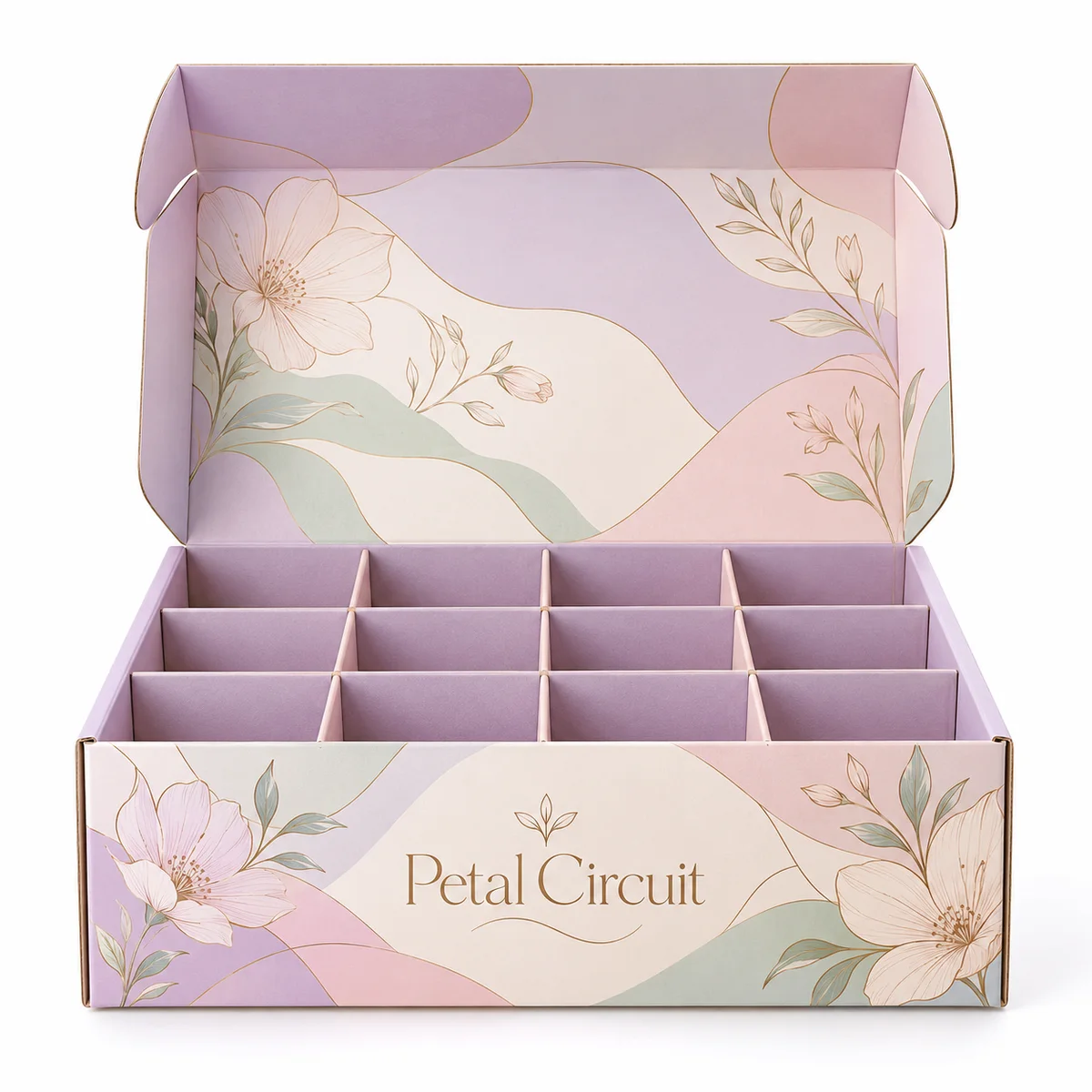 Front view of a pastel lavender cardboard divider box with Petal Circuit branding, floral line art, and an open lid.