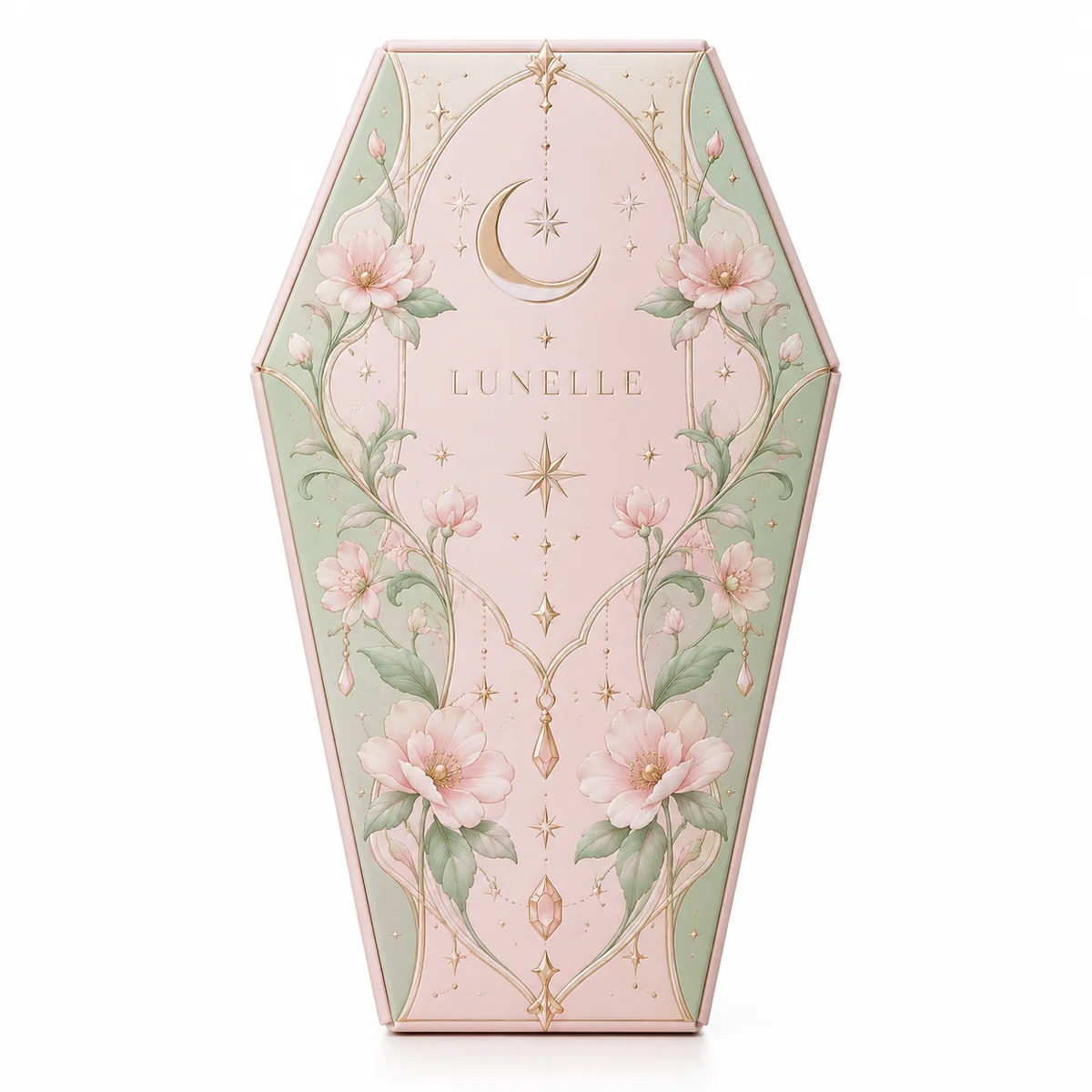 Pastel pink coffin gift box with delicate flowers, soft green details, gold-colored stars, and crescent moon artwork.