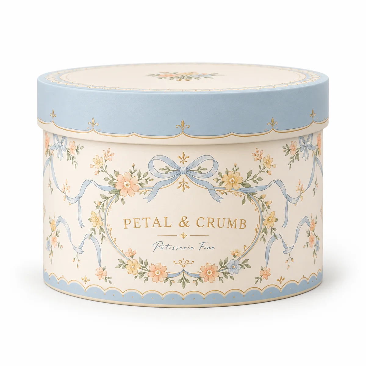 Pastel round cake box with powder-blue lid, PETAL & CRUMB branding, peach flowers, ribbon illustrations, and delicate borders