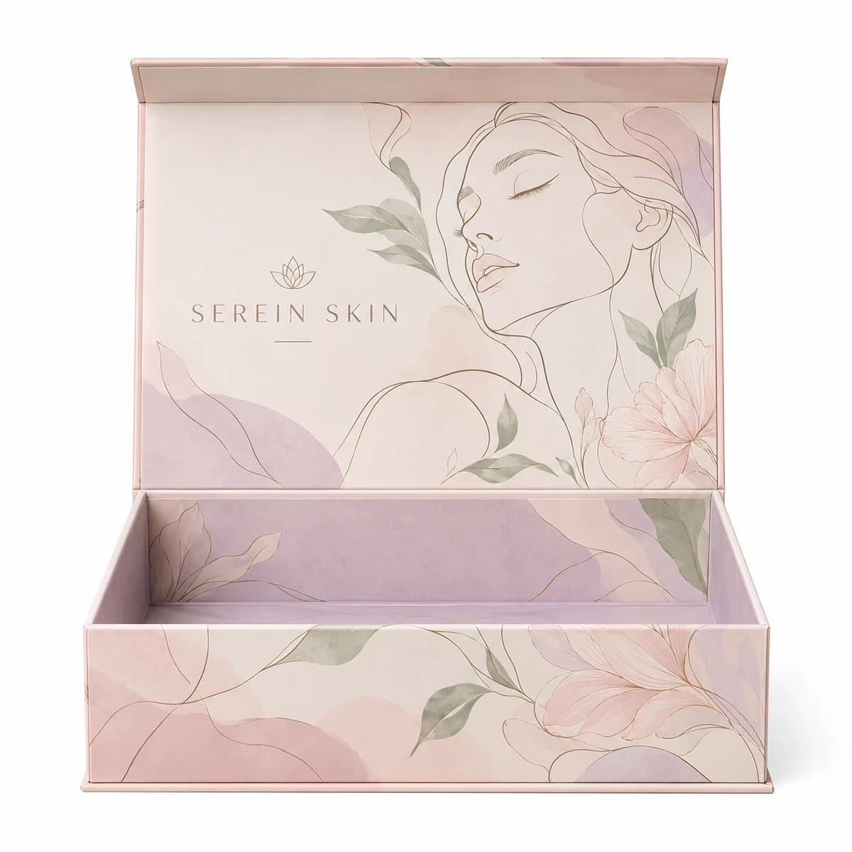 Front view of an open Serein Skin magnetic rigid box with pastel floral artwork, delicate face line art, and a lavender-toned interior.