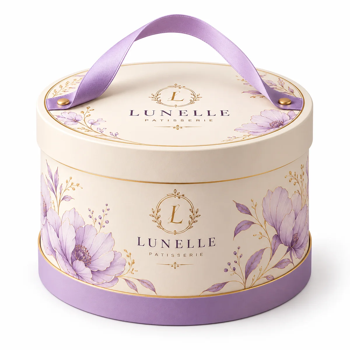 Front view of a personalized round cake box with centered bakery branding, gold decorative details, and purple flowers