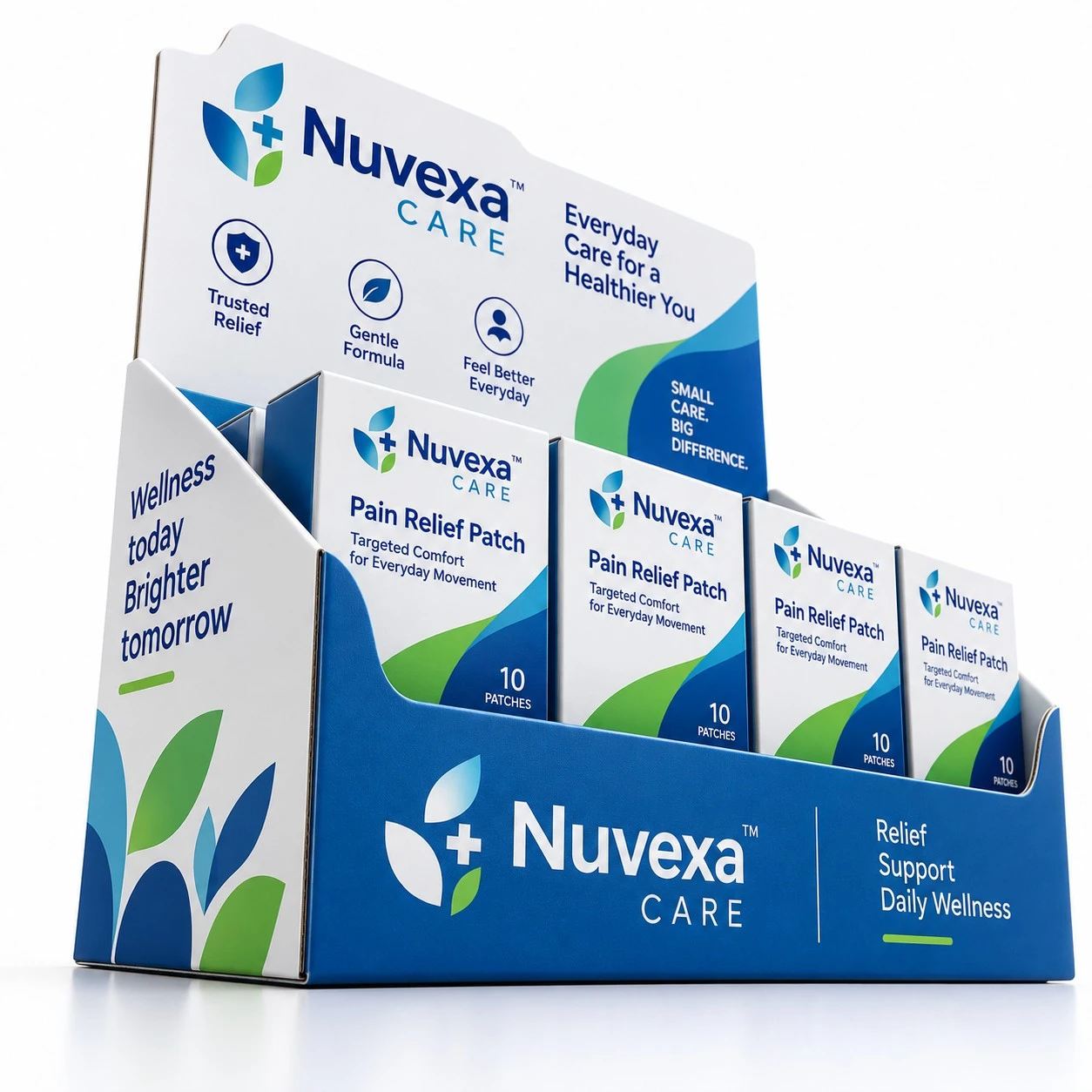 pharmaceutical display boxes low angle view