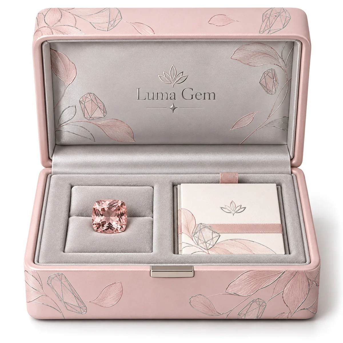 Blush pink gemstone presentation case with floral line art, a pale velvet insert, pink gemstone and certificate compartment.