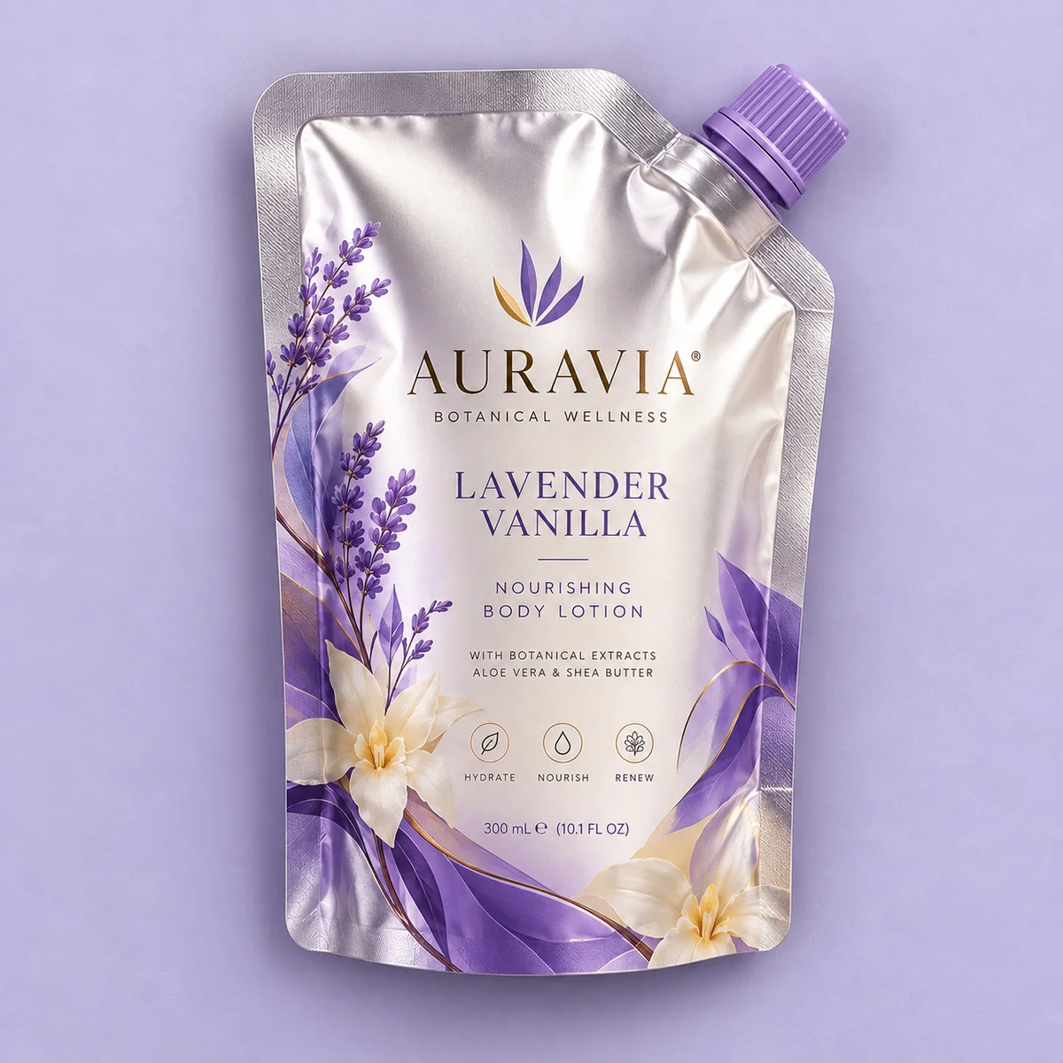 Front-facing printed aluminum foil spout pouch featuring lavender botanical artwork on a light purple background