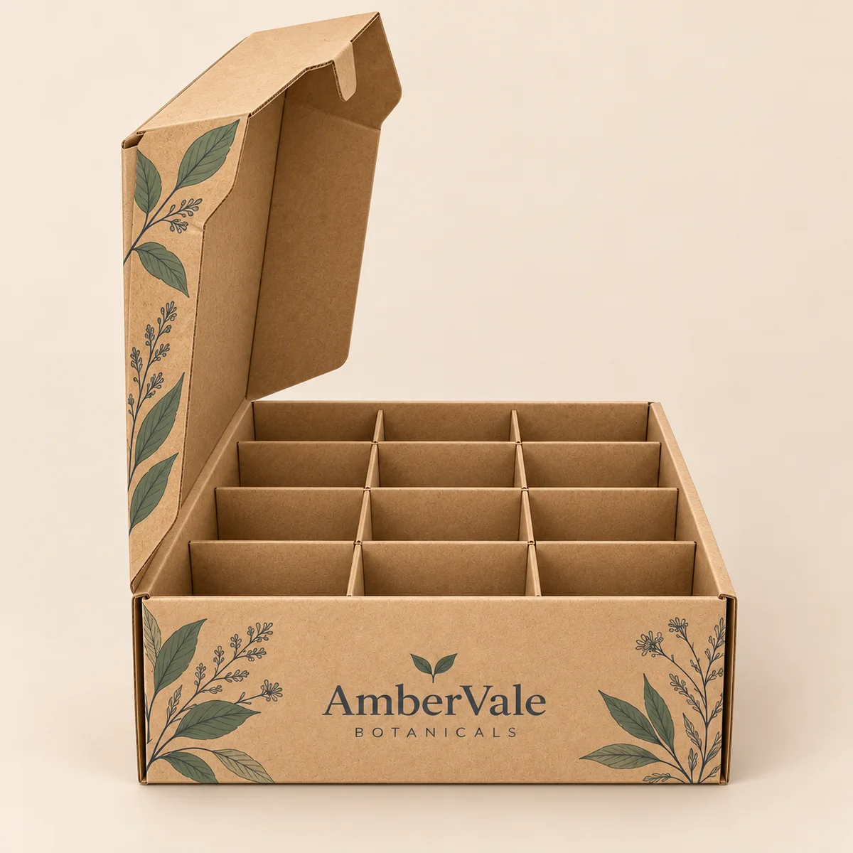 Side-oriented view of an open AmberVale Botanicals cardboard mailer with raised lid, kraft partitions, and botanical artwork.
