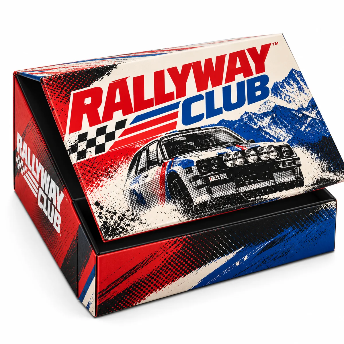 Partly open Rallyway Club magnetic rigid box showing a hinged lid, front closure seam, and bold red-and-blue rally-car graphics.