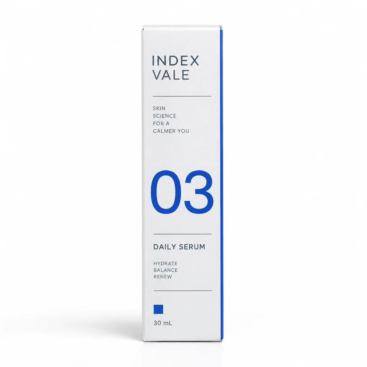 Side profile of a white reverse tuck end box with Index Vale branding, cobalt numbering, and gray text.