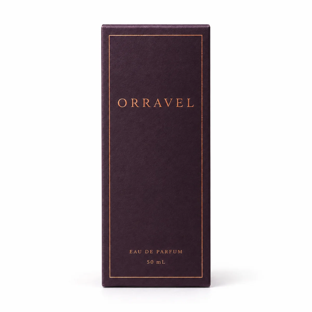 Straight-on front view of a plum reverse tuck end box with copper Orravel lettering and a thin rectangular border.