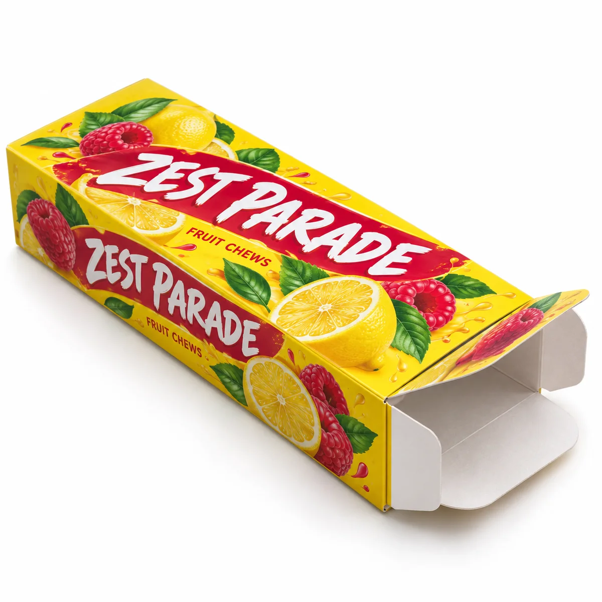 Yellow Zest Parade reverse tuck end box with lemon and raspberry artwork, shown diagonally with its end flaps open.
