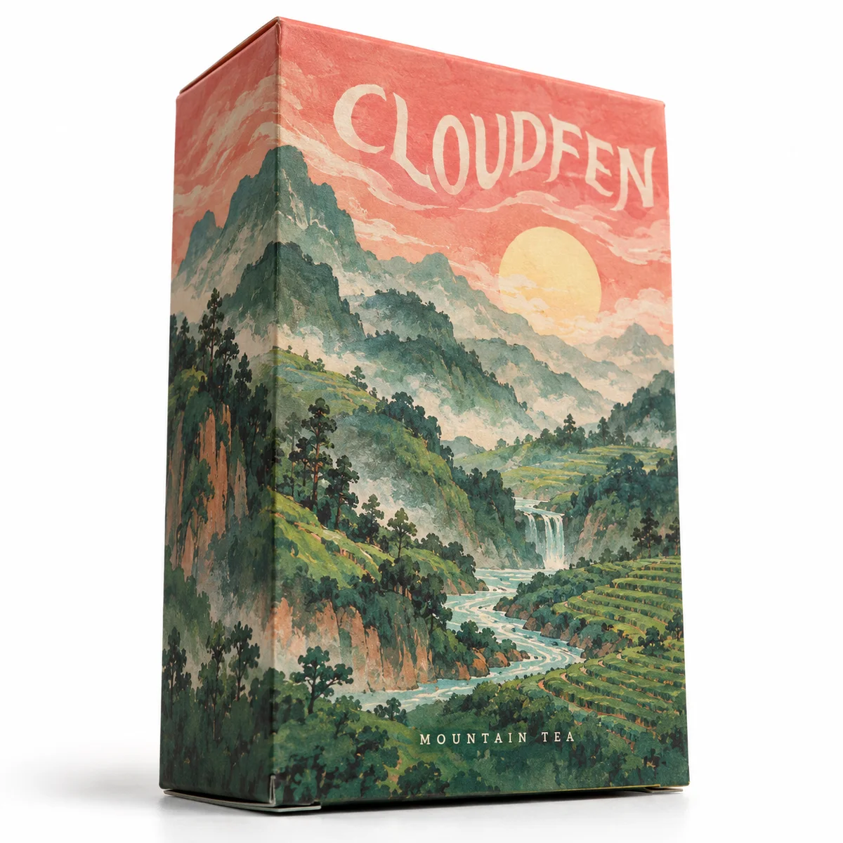 Low-angle view of a Cloudfen reverse tuck end tea box with jade mountain artwork, a coral sky, and pale yellow sun.