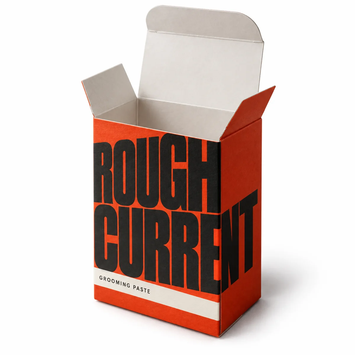 Vermilion reverse tuck end box with oversized Rough Current lettering and open flaps revealing a white interior.