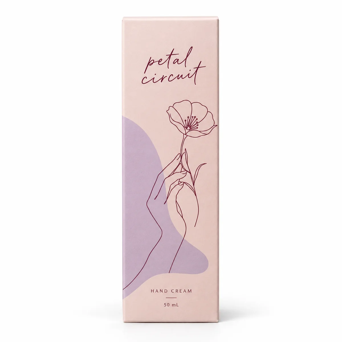 Front view of a blush reverse tuck end box with Petal Circuit lettering, lavender shapes, and floral hand line art.