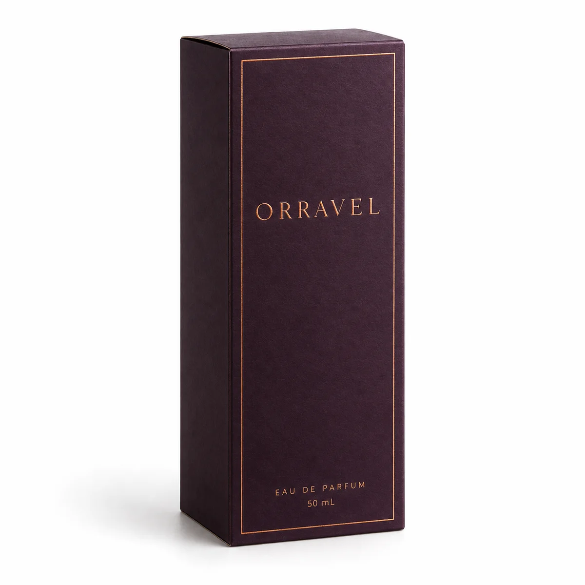 Plum reverse tuck end box with copper Orravel branding and a fine border, shown closed at a three-quarter angle.