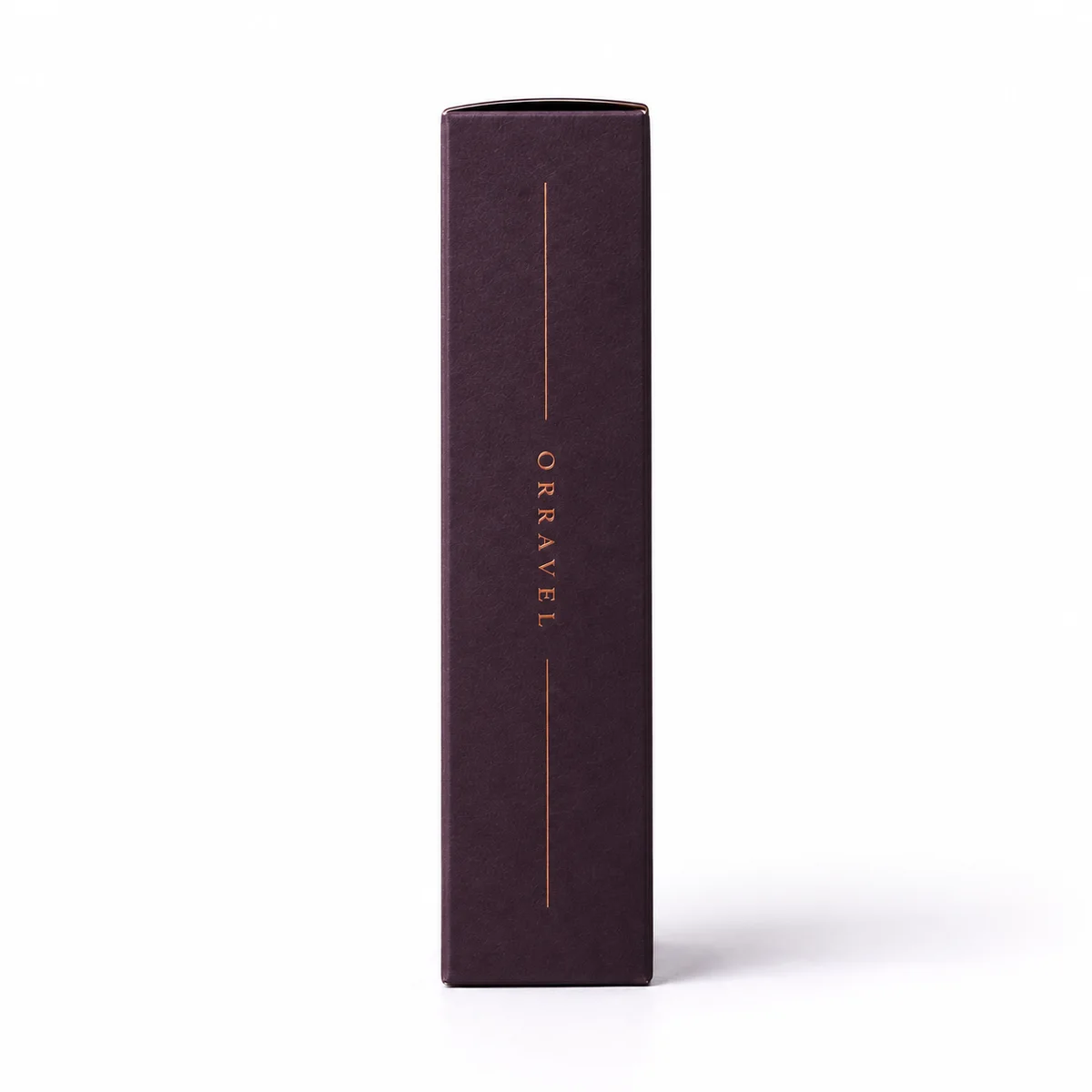 Narrow side profile of a plum reverse tuck end box with vertical copper Orravel lettering on a white background.
