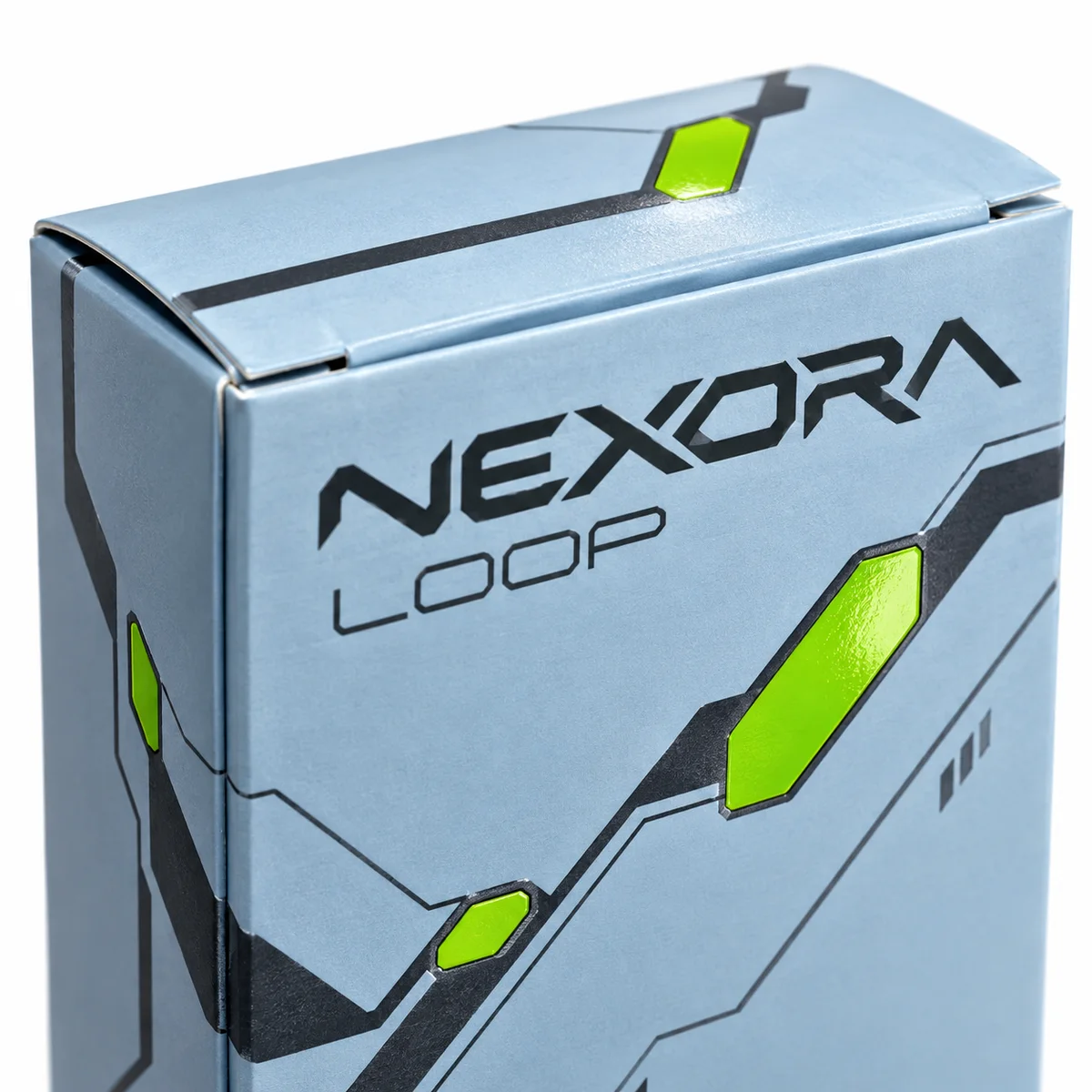 Macro view of an ice-blue reverse tuck end box with Nexora Loop lettering, graphite paths, and glossy lime accents.
