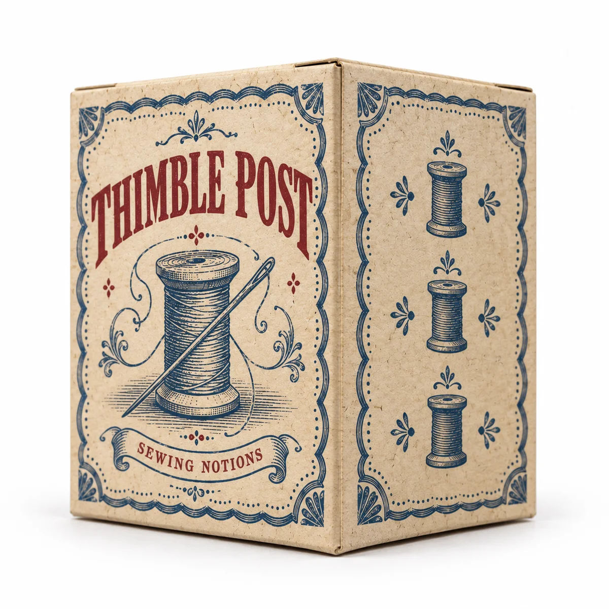 Corner-forward view of a Thimble Post reverse tuck end box with blue spool illustrations and oxblood lettering.