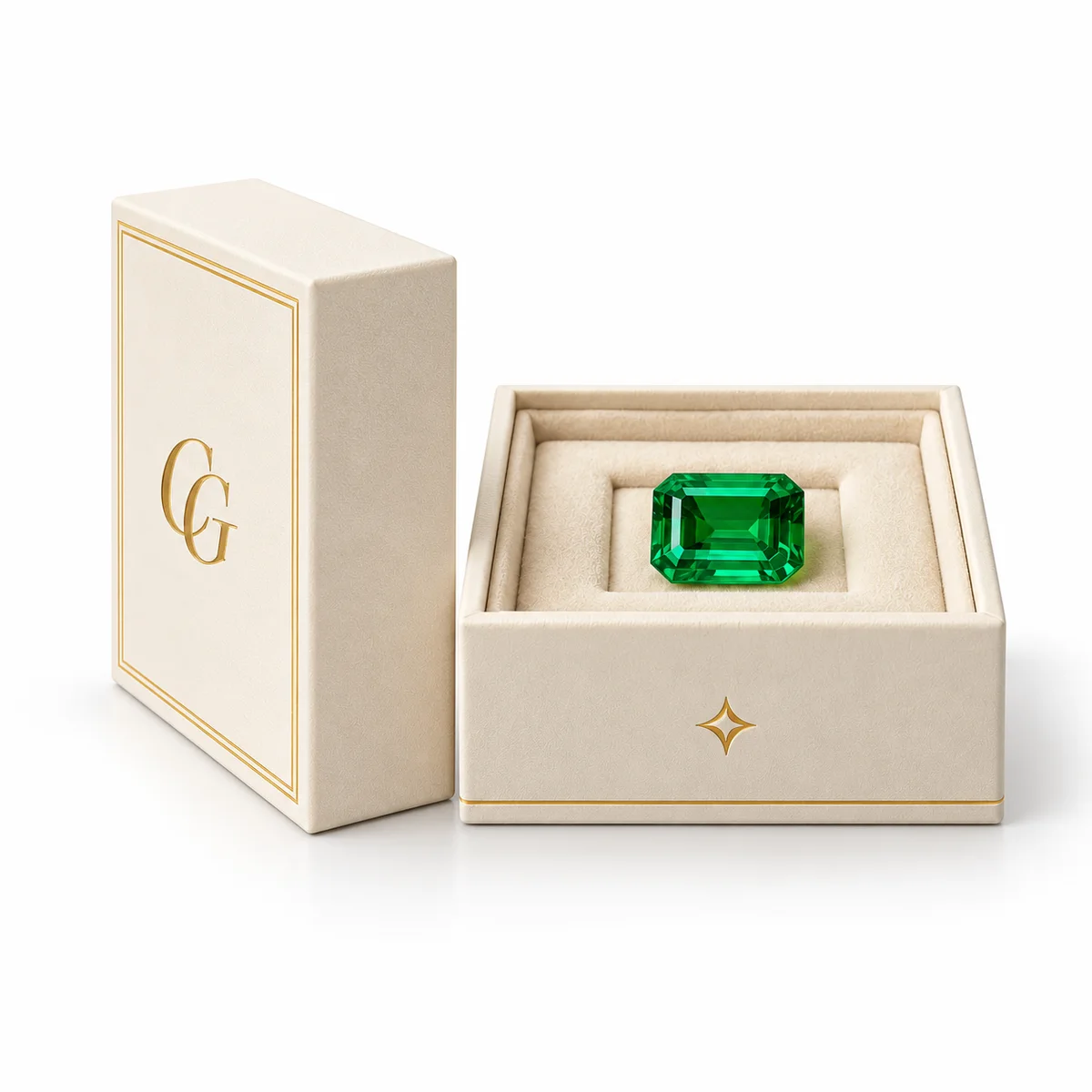 Side-profile view of a premium ivory rigid gemstone box showing its thick lift-off lid, gold detailing and fitted emerald display insert.