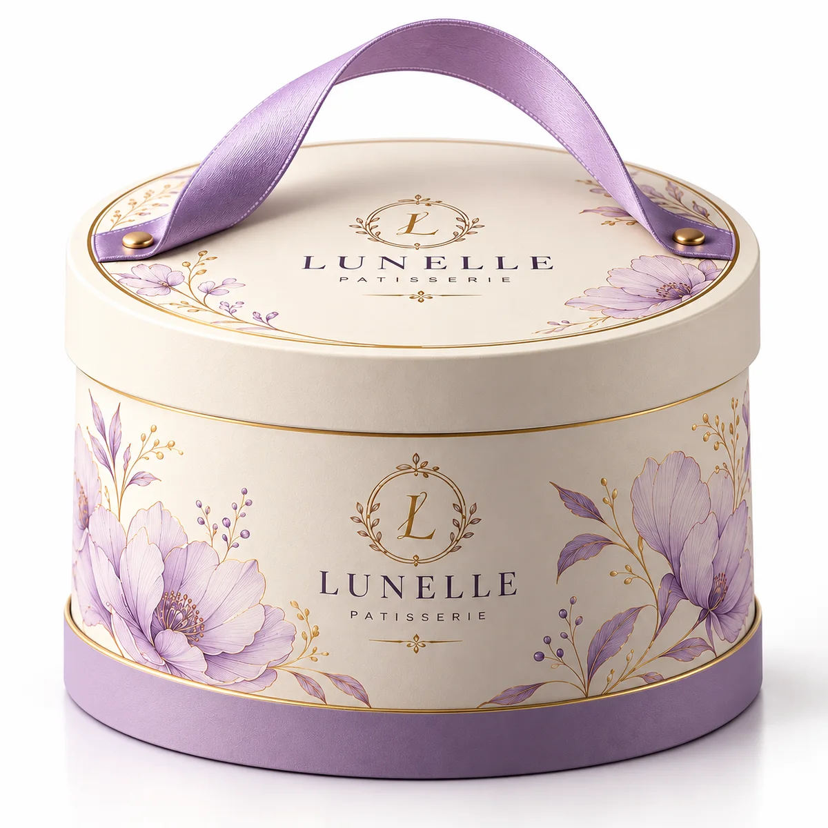 Premium round cake box photographed from a lower angle, showing its ribbon handle, circular lid, and floral printed body