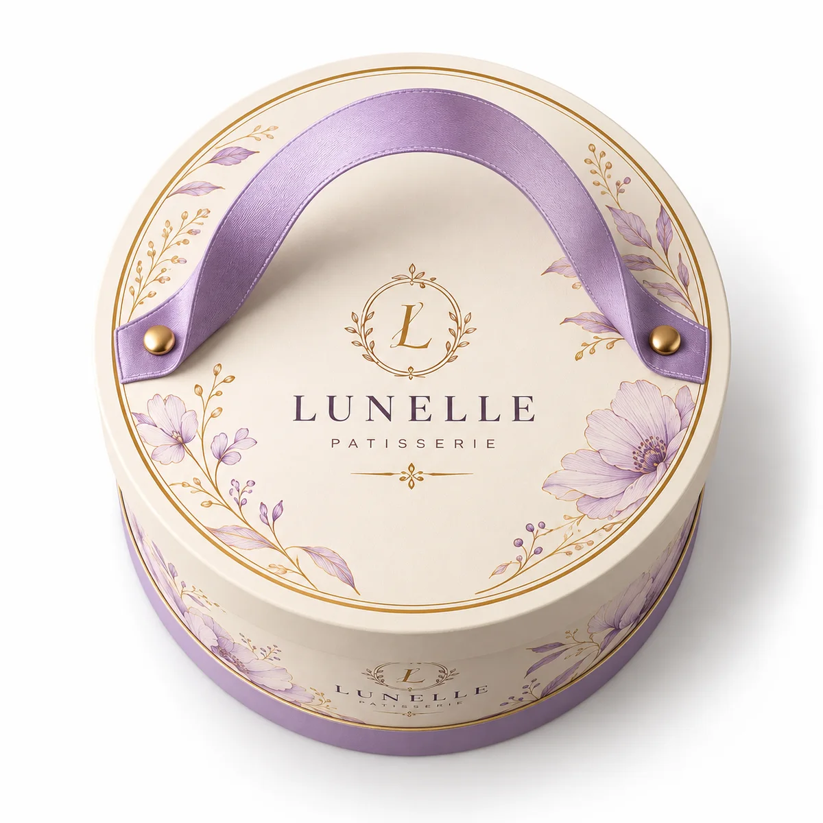 Top view of a custom round cake packaging box featuring LUNELLE PATISSERIE branding and lavender floral lid artwork