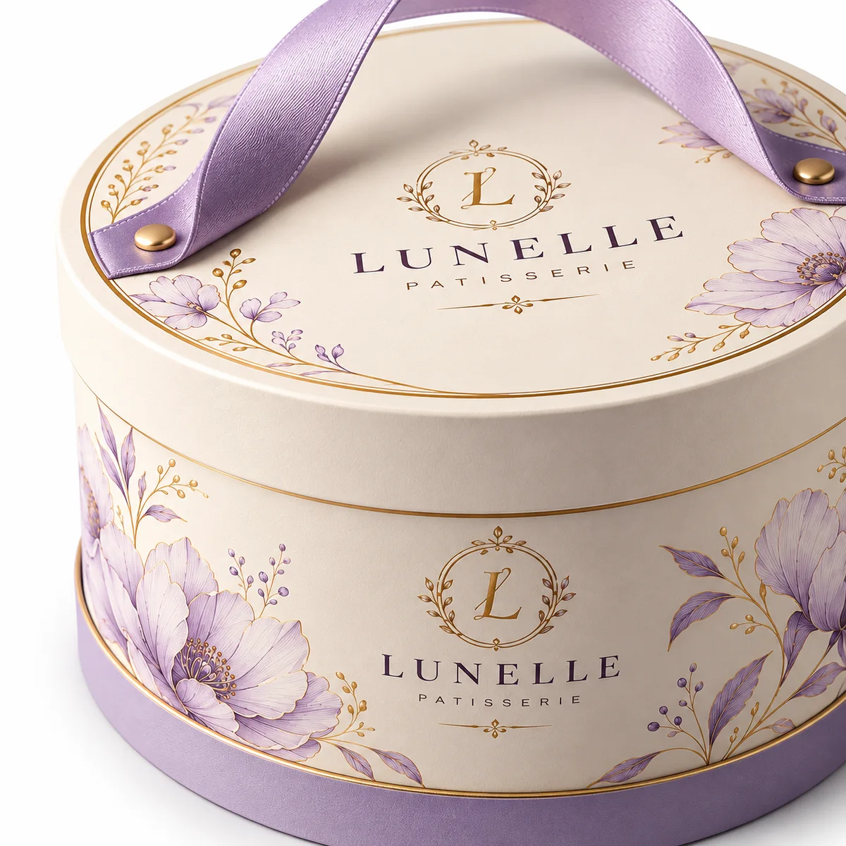 Close-up of custom round cake packaging showing the lavender ribbon, gold fasteners, floral artwork, and printed lid