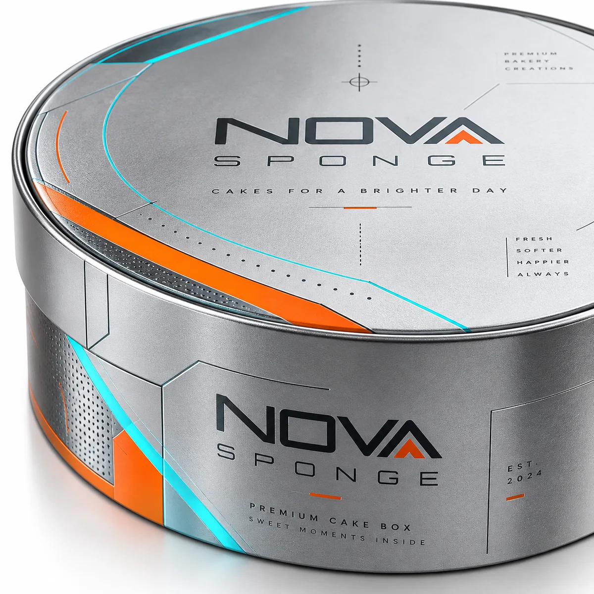Close-up of a silver-gray round cake box with NOVA SPONGE branding, angular cyan lines, orange accents, and printed lid details