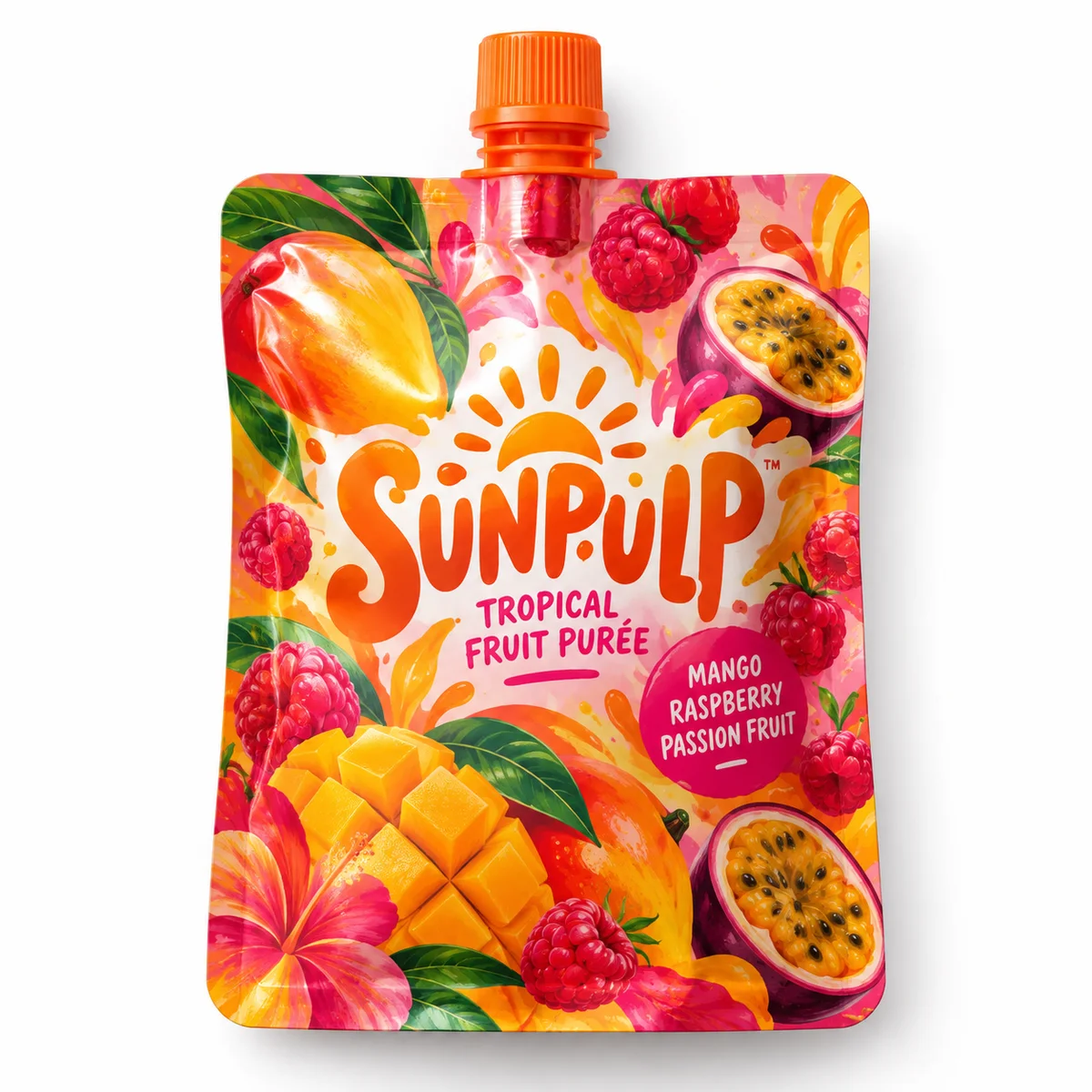 Colorful aluminum foil spout pouch with orange cap, tropical fruit illustrations, and SUNPULP puree branding