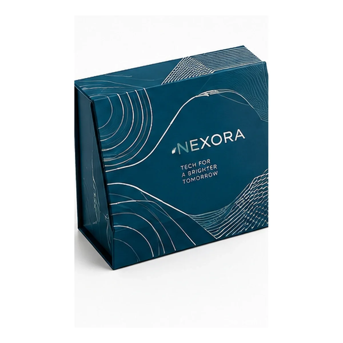 Closed dark-teal NEXORA magnetic gift box with flowing contour-line graphics and a centered pale wordmark.