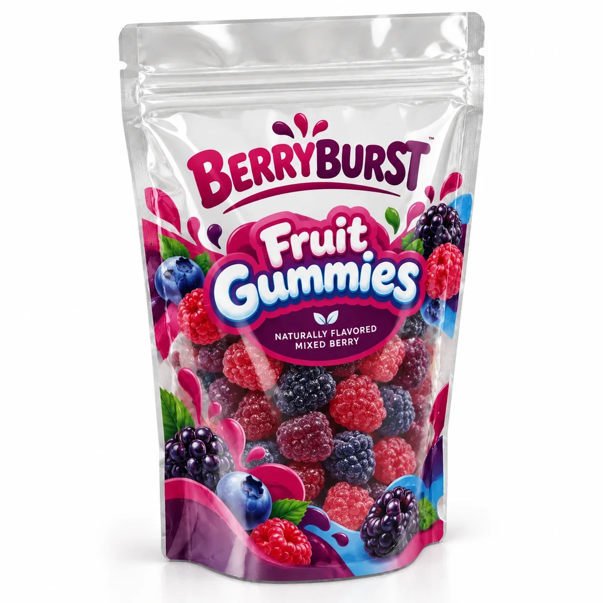 Transparent stand up pouch featuring BerryBurst pink and purple candy graphics with mixed berry-shaped gummies inside.