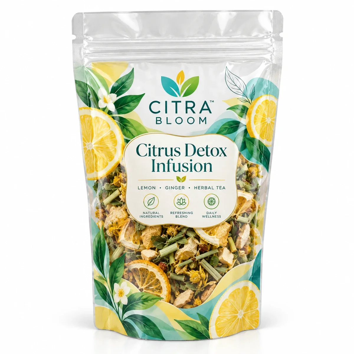 Clear zipper pouch with Citra Bloom botanical lemon graphics, teal and green accents, and a visible herbal tea blend.