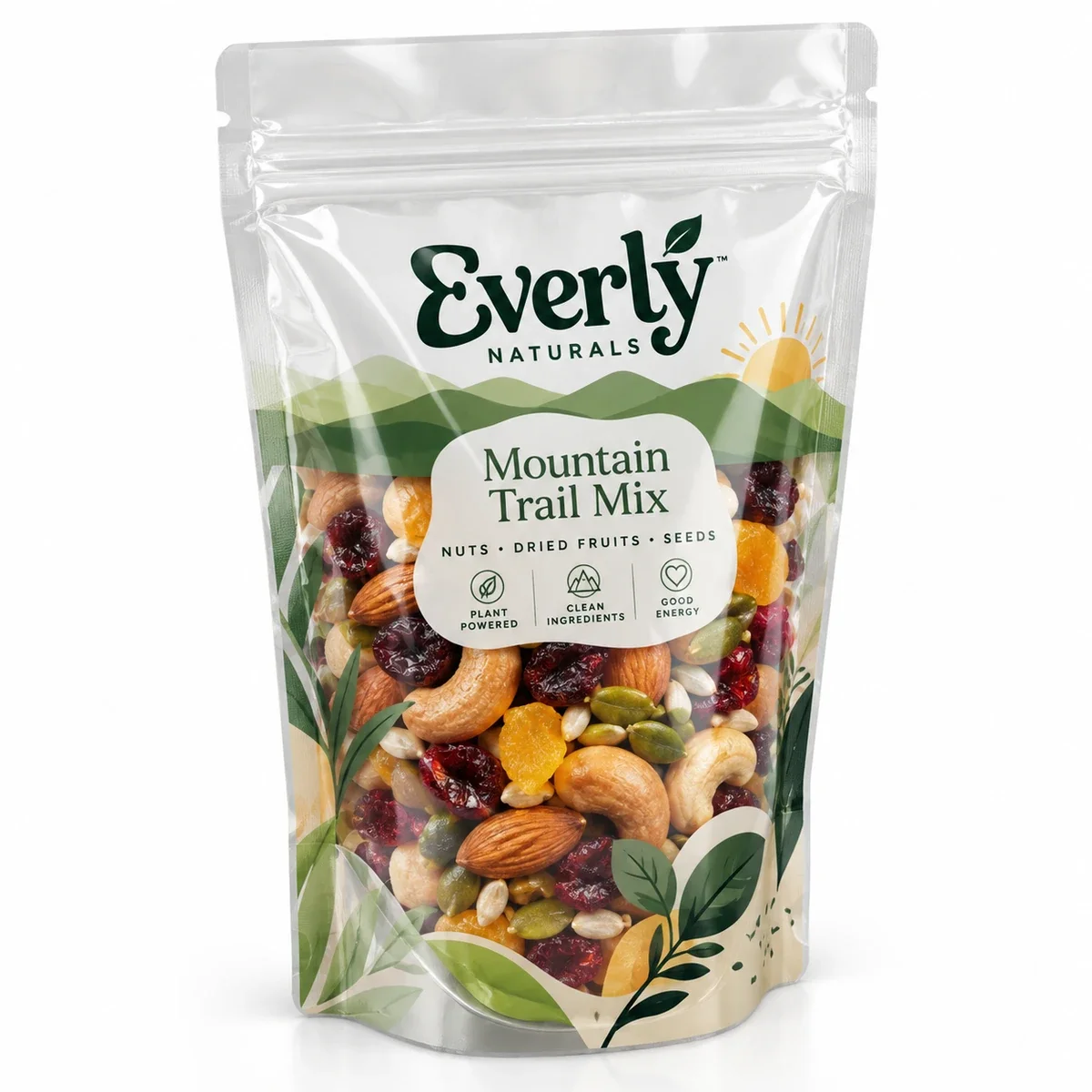 Transparent stand up pouch with Everly Naturals green mountain artwork and a clear window showing mixed nuts and dried fruit.