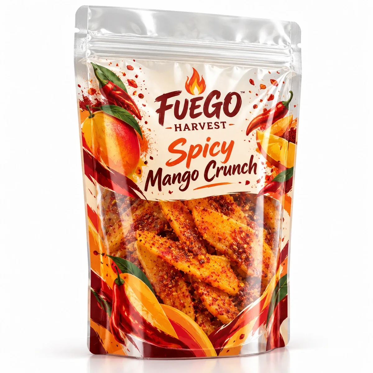 Clear stand up pouch with Fuego Harvest fiery red-orange mango graphics and visible chili-coated dried mango slices.