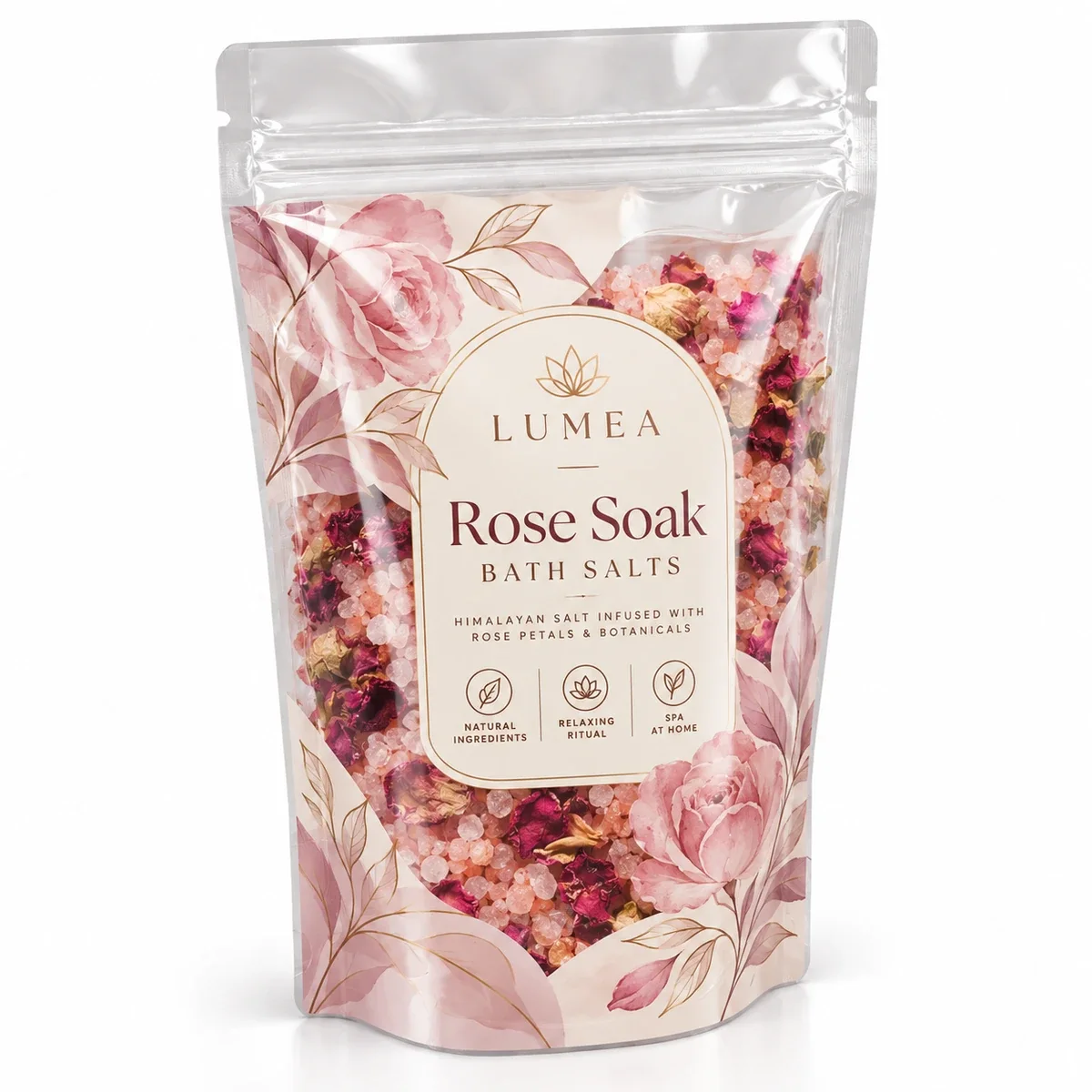 Clear stand up pouch featuring Lumea pink floral graphics and visible rose petals mixed with pink bath salts.
