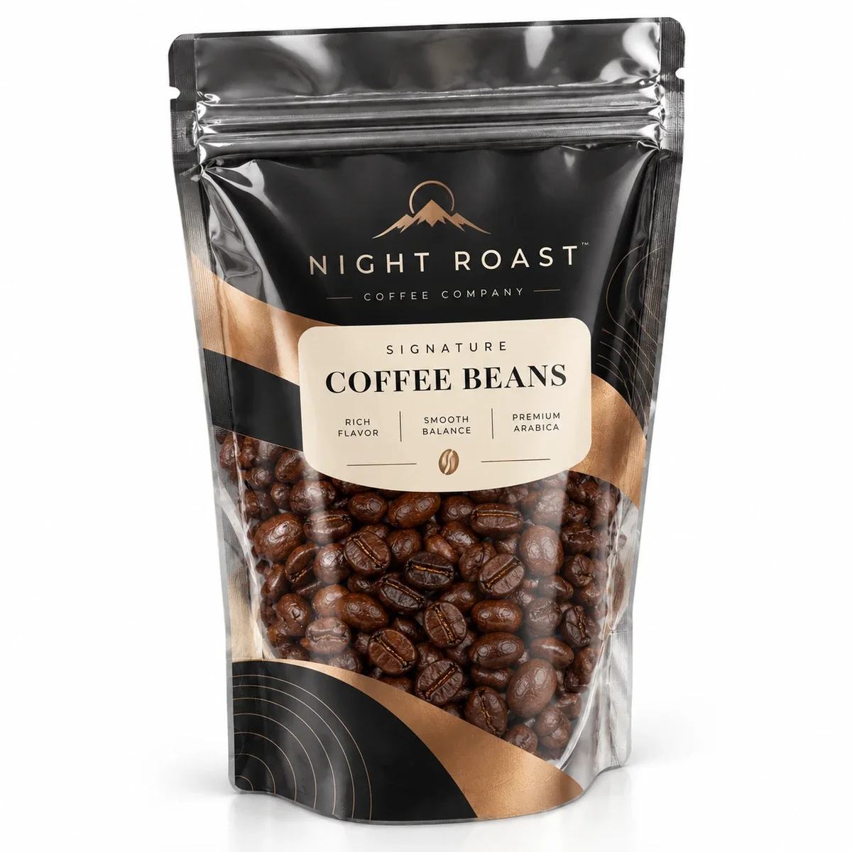 Stand up pouch with black and copper Night Roast coffee branding and a transparent window displaying roasted coffee beans.