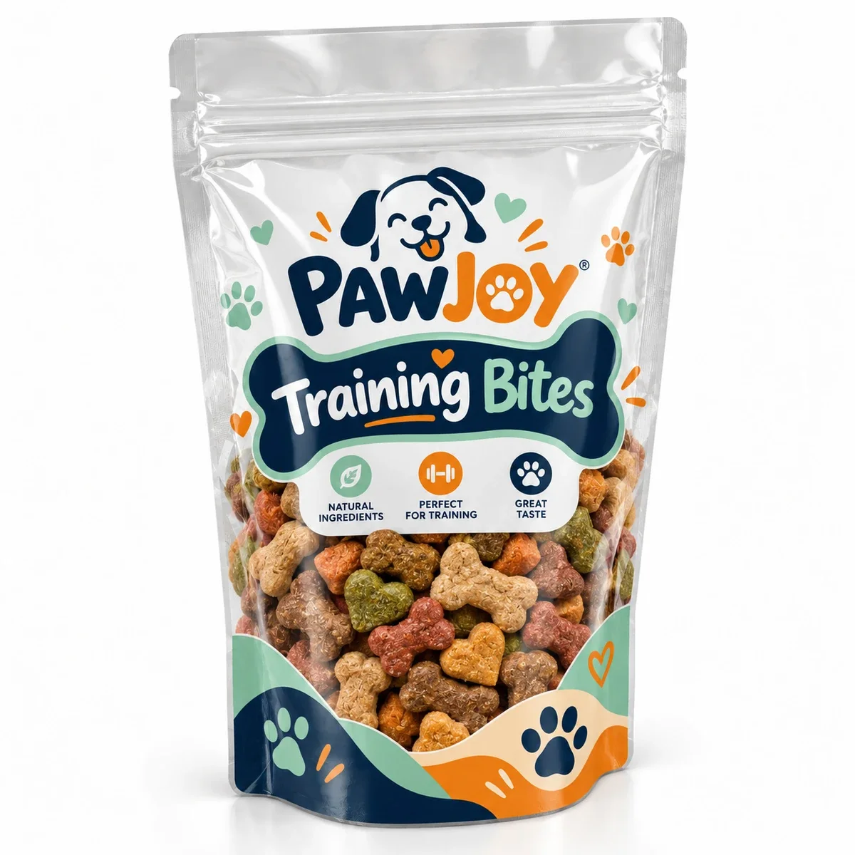 Transparent zipper pouch with PawJoy's navy, mint, and orange dog-themed artwork and colorful training treats inside.