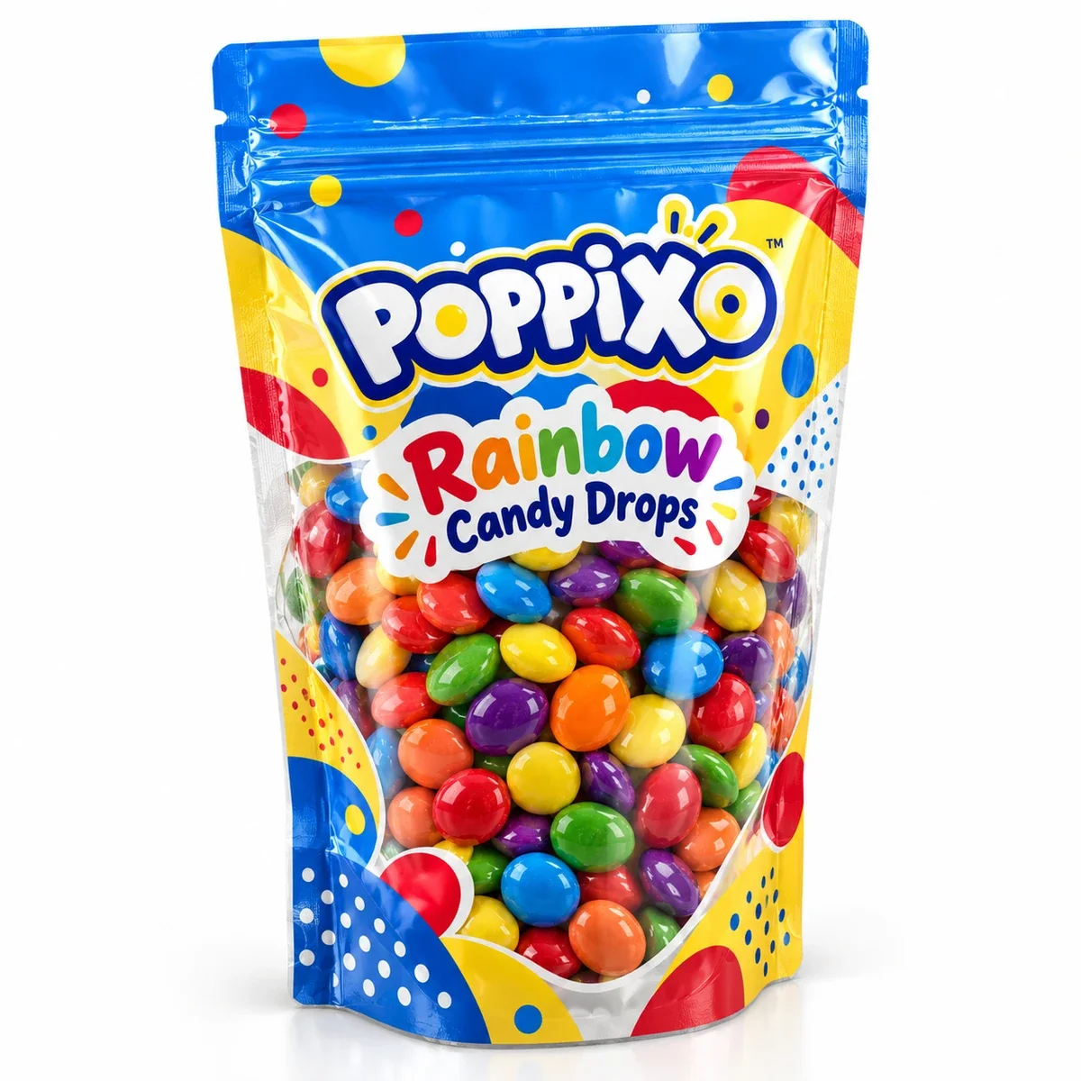Transparent candy pouch with Poppixo blue and yellow graphics and a clear window full of rainbow-colored candy drops.