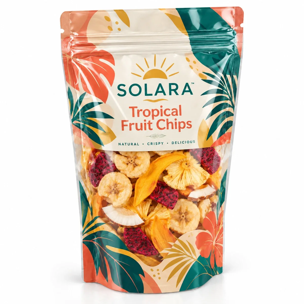 Clear resealable pouch featuring Solara's tropical teal and coral leaf design with colorful dried fruit chips inside.