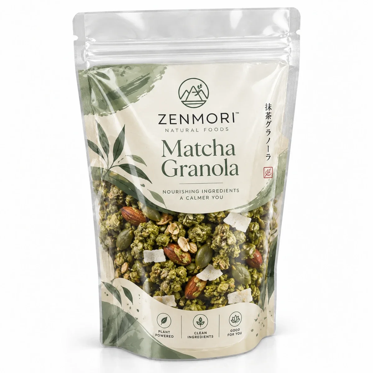 Transparent stand up pouch with Zenmori green botanical illustrations and a clear window revealing matcha granola.