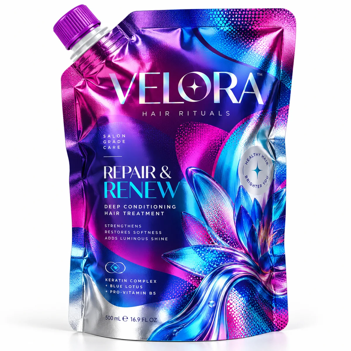 Glossy aluminum foil spout pouch with magenta and electric blue floral graphics, purple cap, and VELORA hair care branding