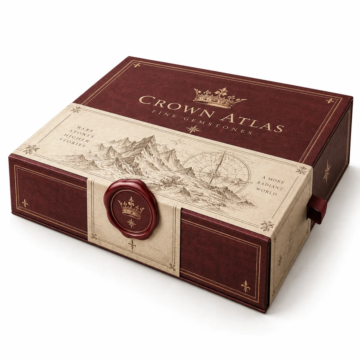 Closed burgundy gemstone gift box with vintage cream artwork, decorative gold borders and a wax-seal-style emblem.