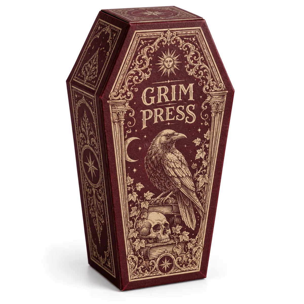 Burgundy coffin gift box with vintage cream engraving, a raven illustration, ornate borders, and skull artwork.