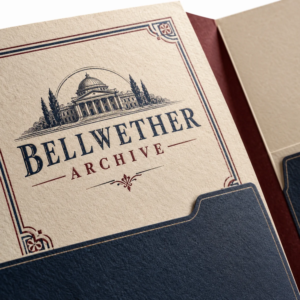 Close-up of a Bellwether Archive folder with textured cream paper, engraved-style artwork, vintage lettering, and a navy pocket.