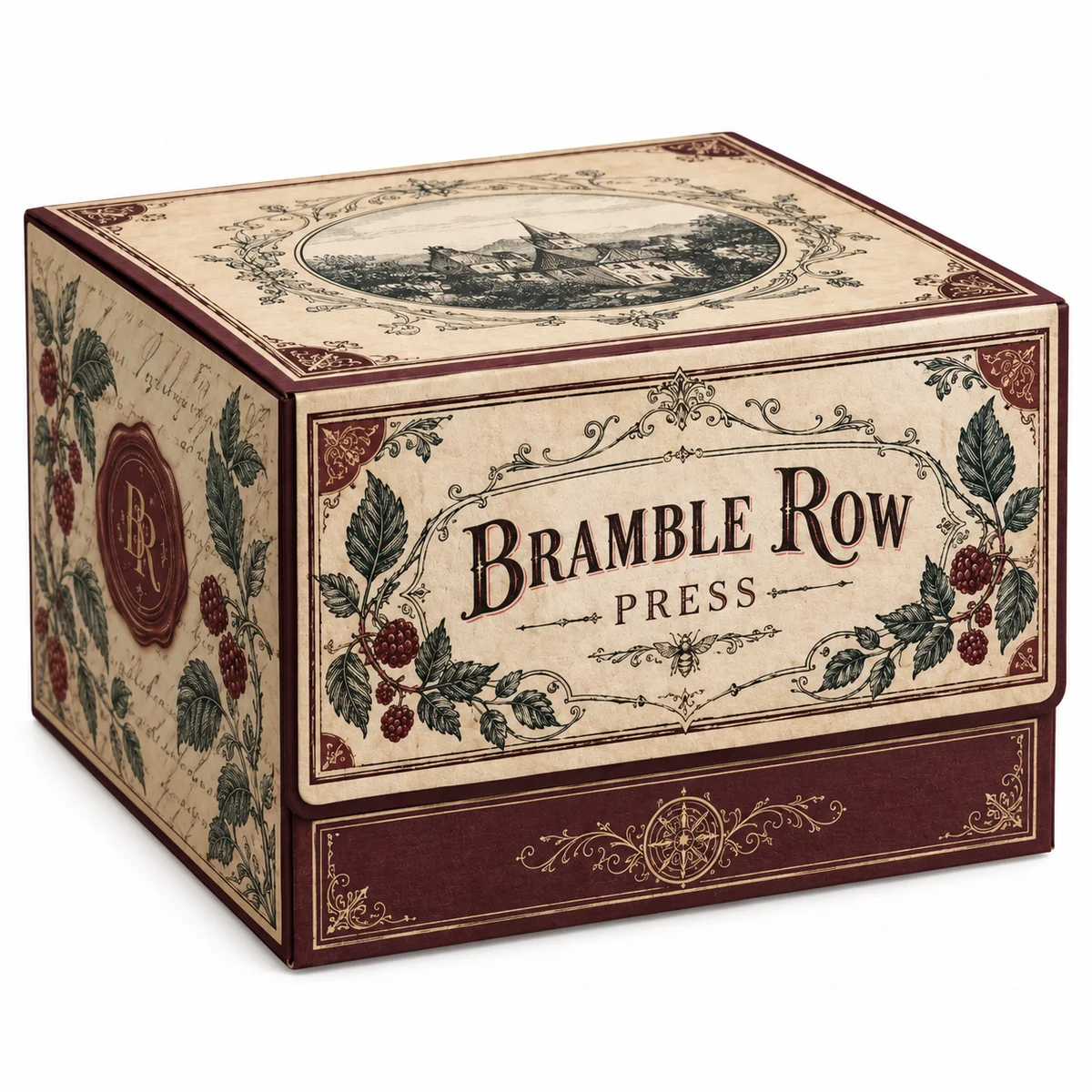 Closed Bramble Row Press rigid magnetic box with an overlapping front flap, aged ivory and oxblood panels, and engraved berry-vine artwork.
