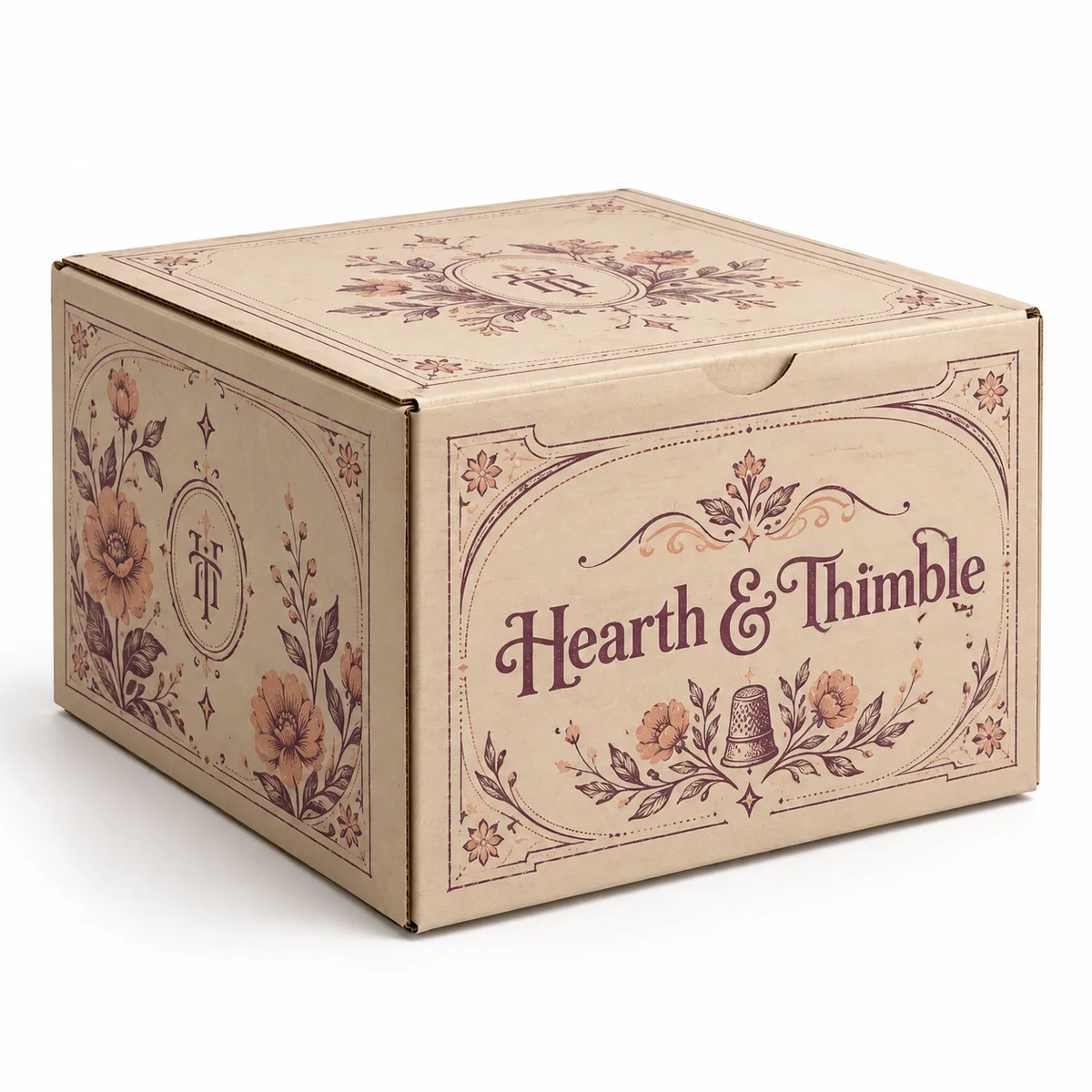 Closed Hearth & Thimble cardboard packaging box with vintage floral illustrations, decorative borders, and plum typography.