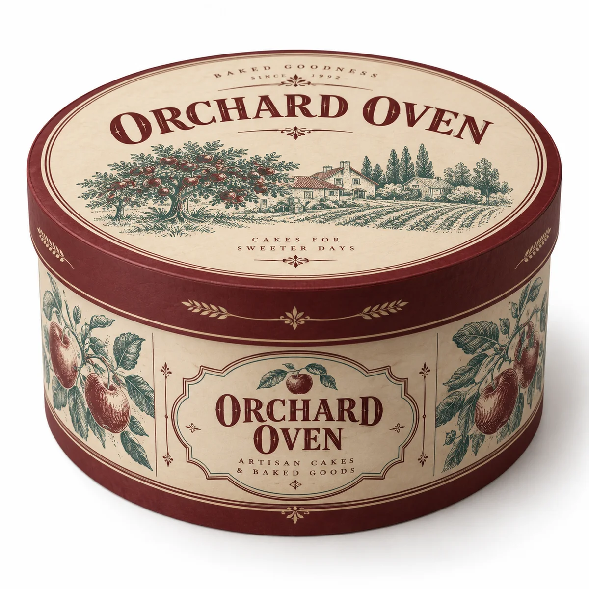Vintage round cake box with ORCHARD OVEN lettering, burgundy lid and base, cream panels, and engraved orchard illustrations