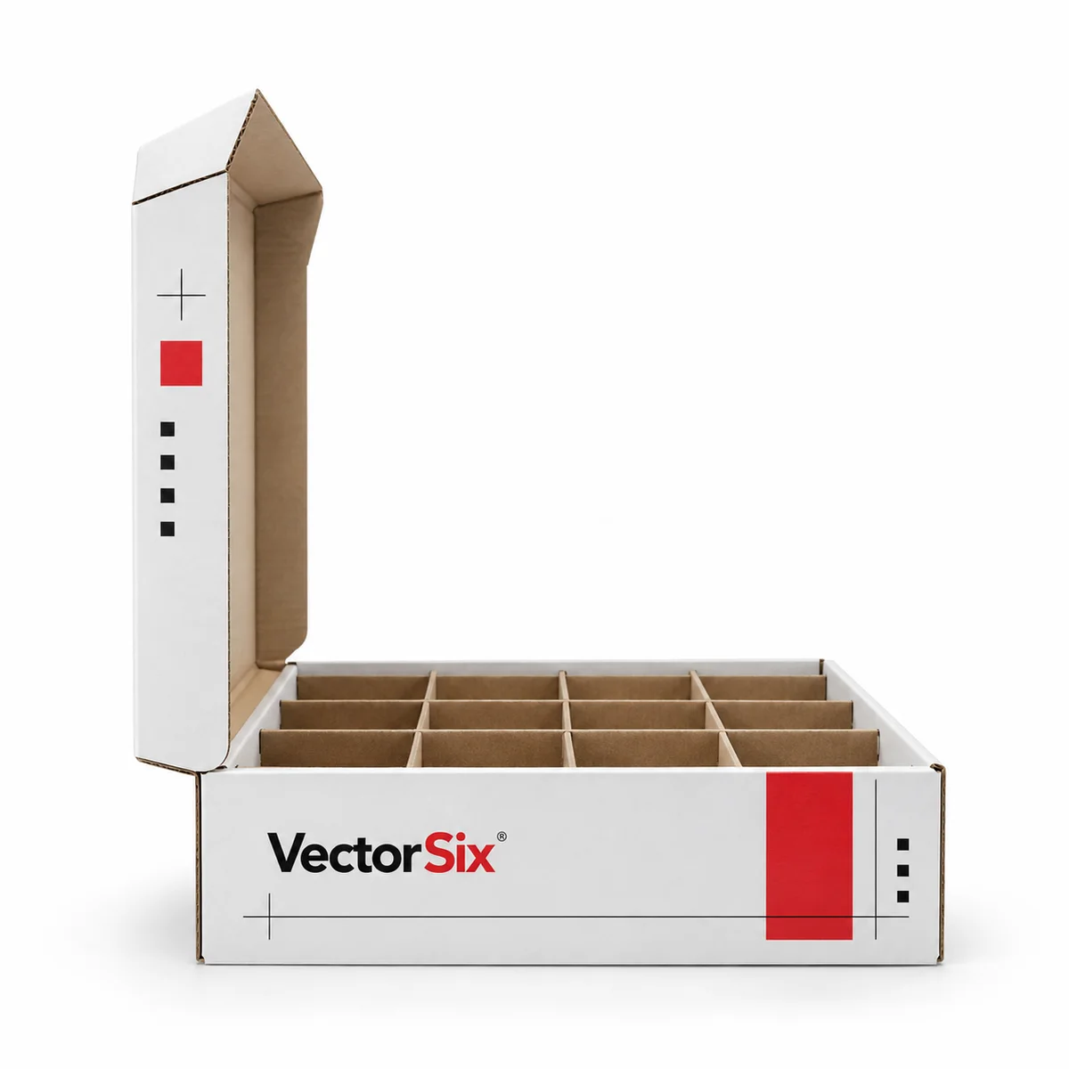 Side profile of an open white cardboard divider box featuring VectorSix typography, red accents, and kraft partitions.