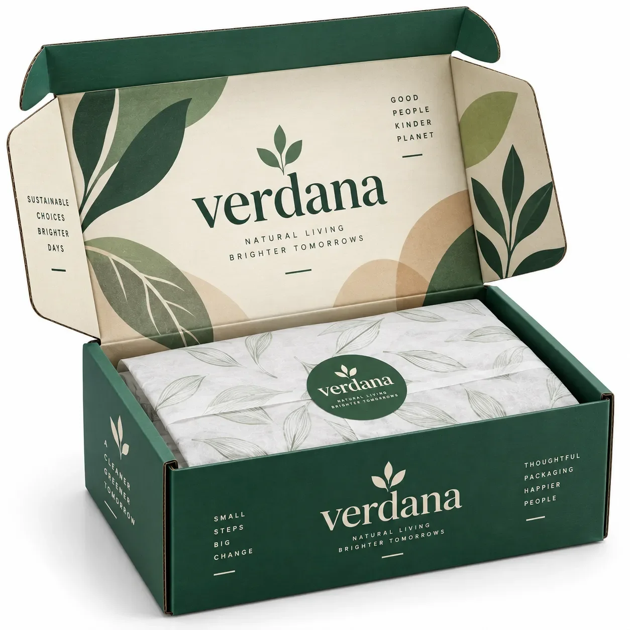 white cardboard boxes green botanical open mailer