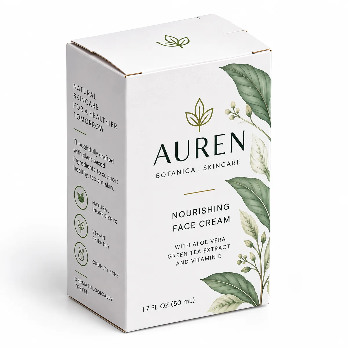 Custom white tuck top skincare box with AUREN branding, sage-green botanical illustrations, and a closed folding top.