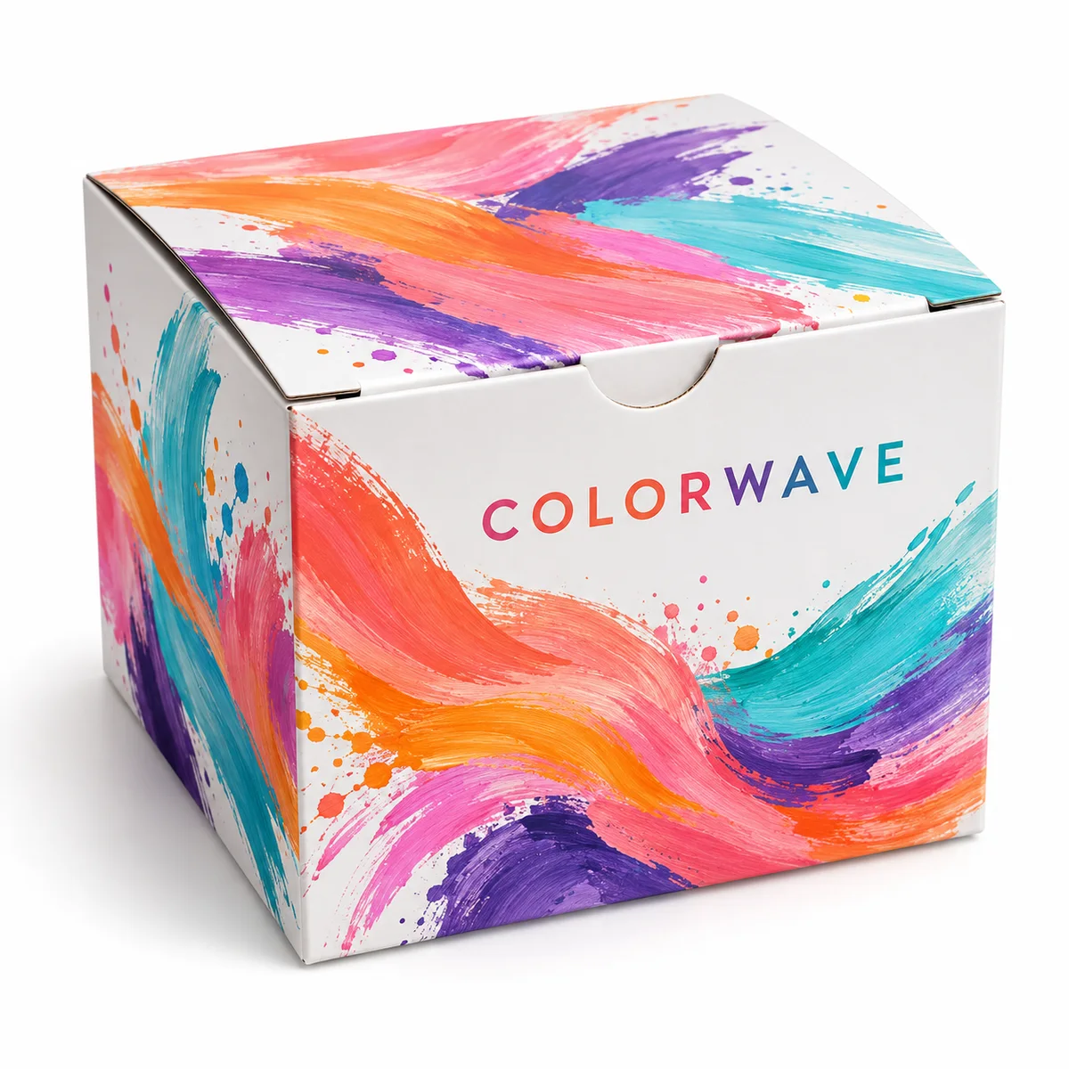 White tuck top gift box with COLORWAVE branding, vivid multicolor brushstroke artwork, and a visible top tuck closure.
