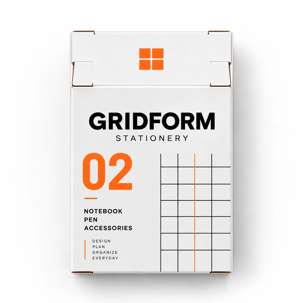 Overhead view of a white tuck top stationery box with GRIDFORM branding, bold orange 02 typography, and black grid artwork.