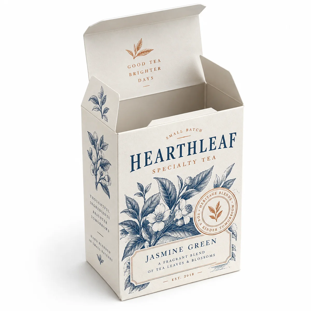 Open white tuck top tea box with HEARTHLEAF branding, navy botanical engravings, copper accents, and raised top flap.